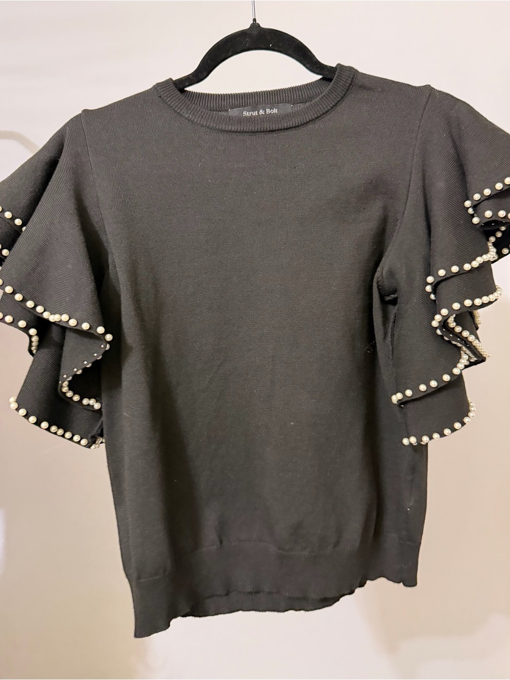 Strut & Bolt Black Pearl-Trim Ruffle Sleeve Sweater